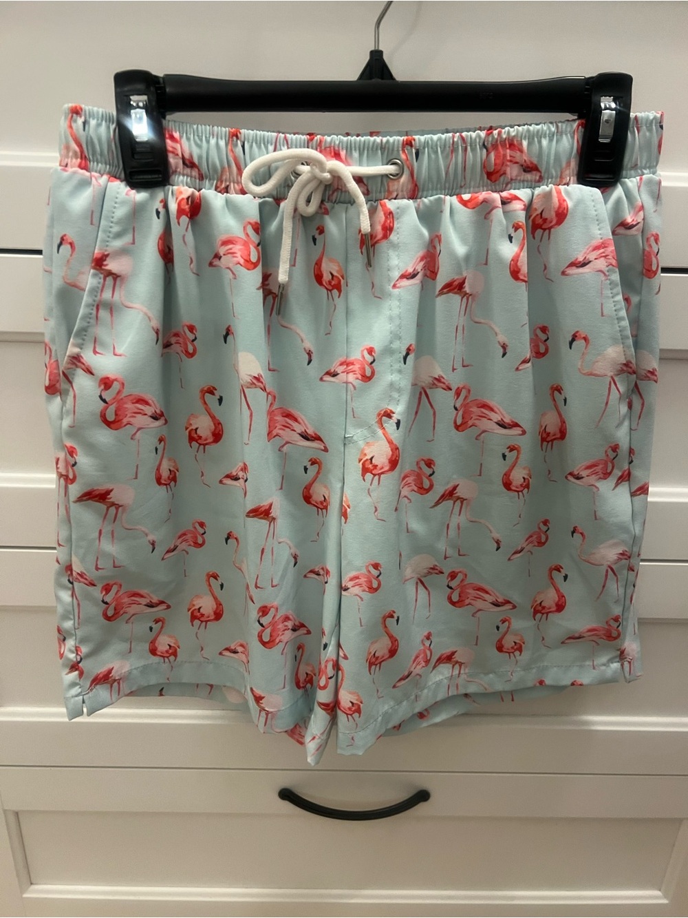 Men’s Mint Green with Pink Flamingo Print Swimming Trunks Size-M